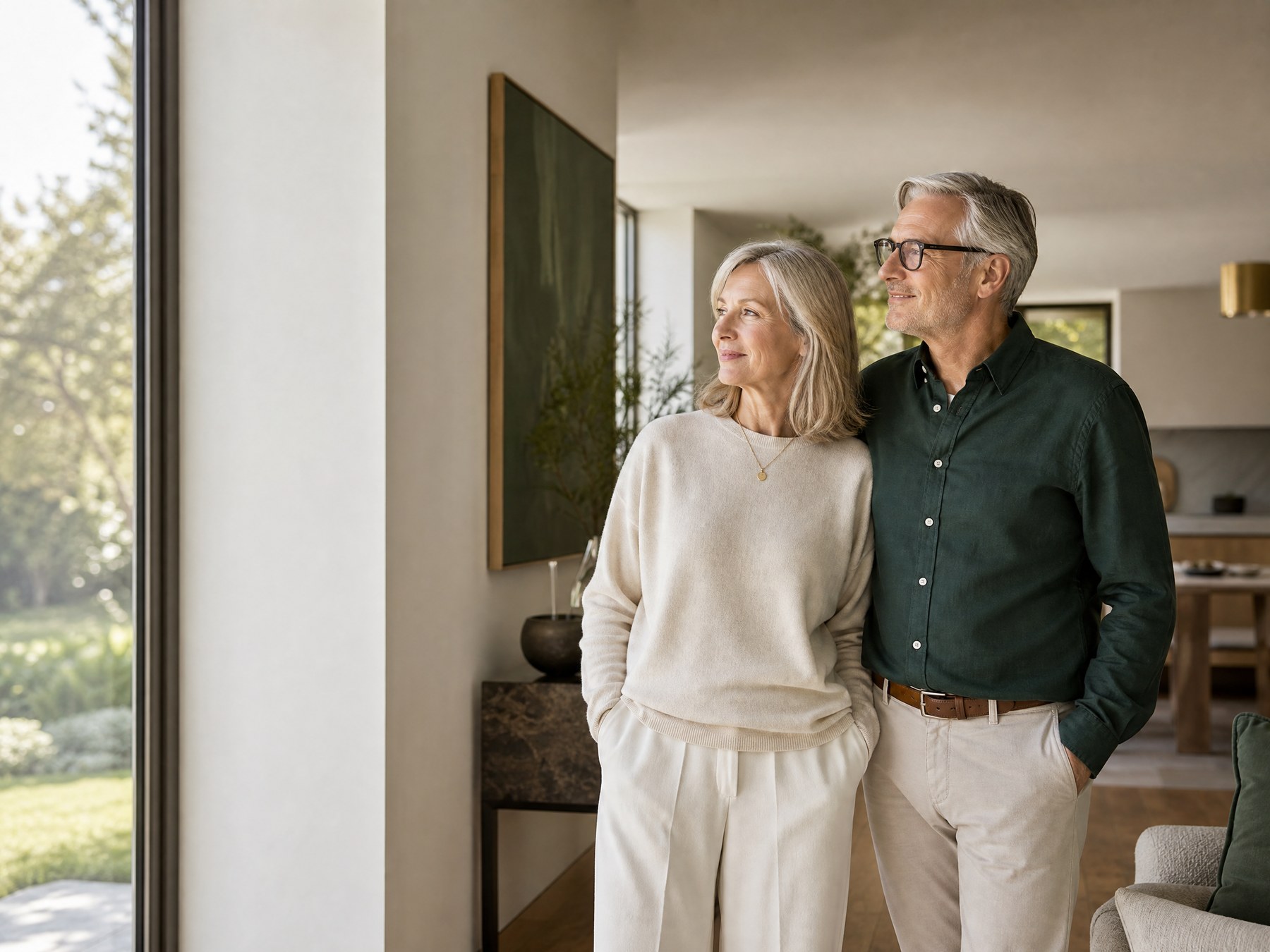 A confident couple looking ahead in their light-filled home