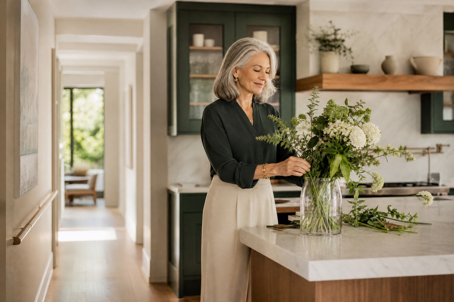 A confident mature woman enjoying a bright, thoughtfully designed kitchen