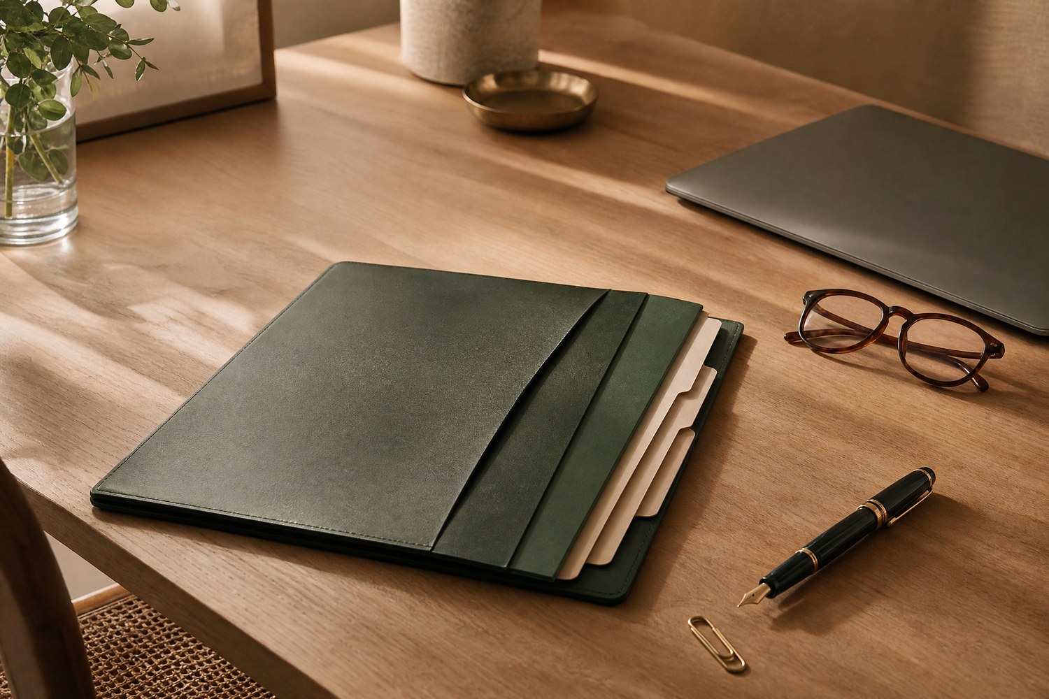 An elegant, carefully organised home document folio on an oak desk