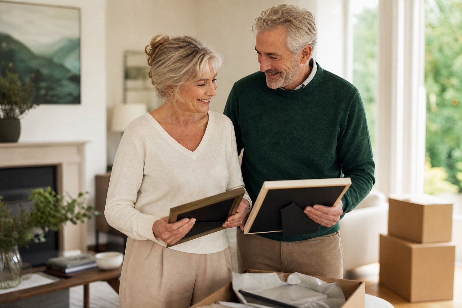 A confident couple thoughtfully preparing meaningful belongings for a planned move